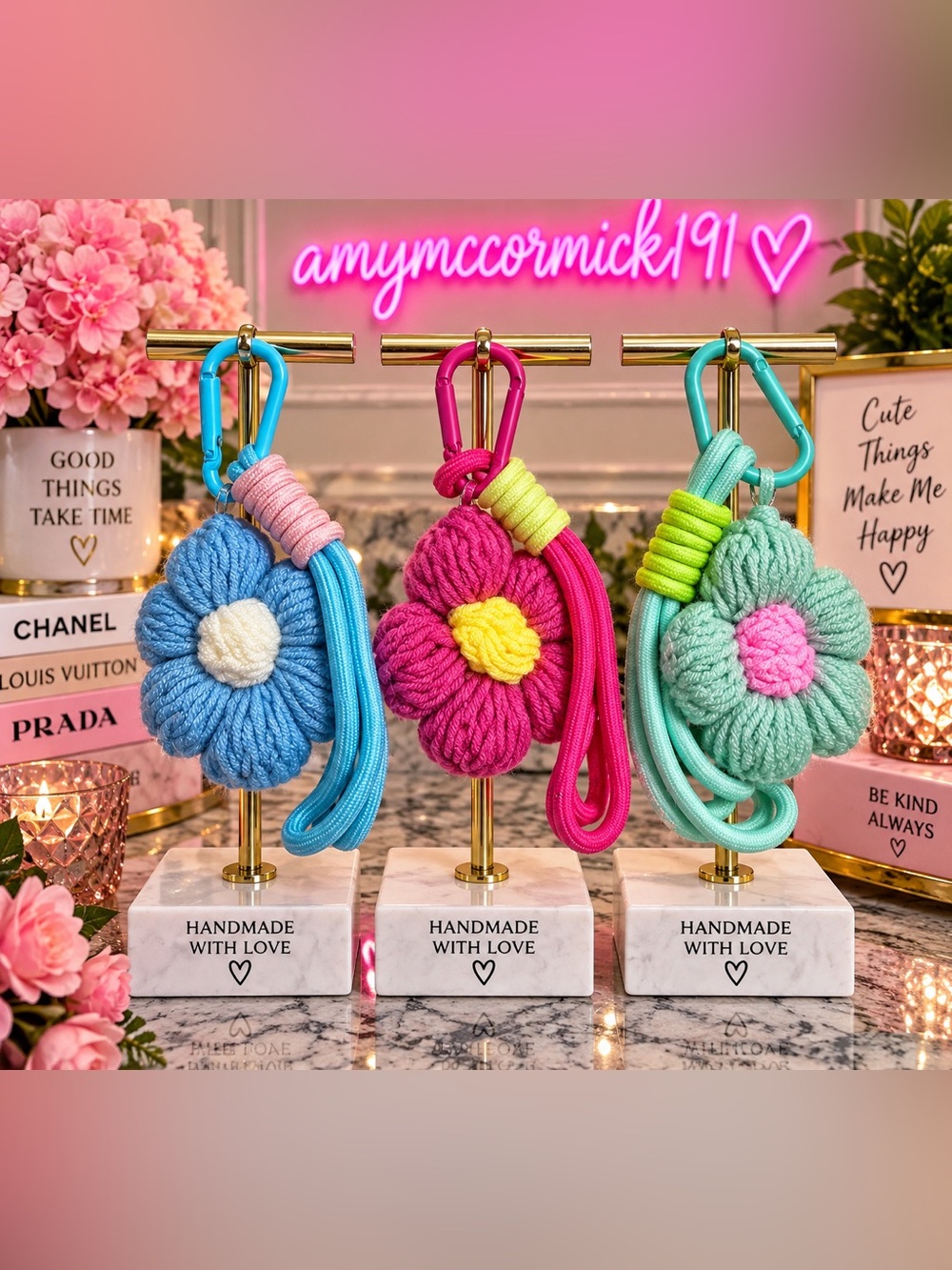3 Handmade Flower Keychain or bag charm